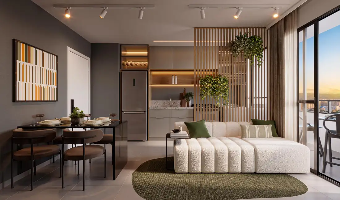 Living do apartamento de 2 quartos com suíte